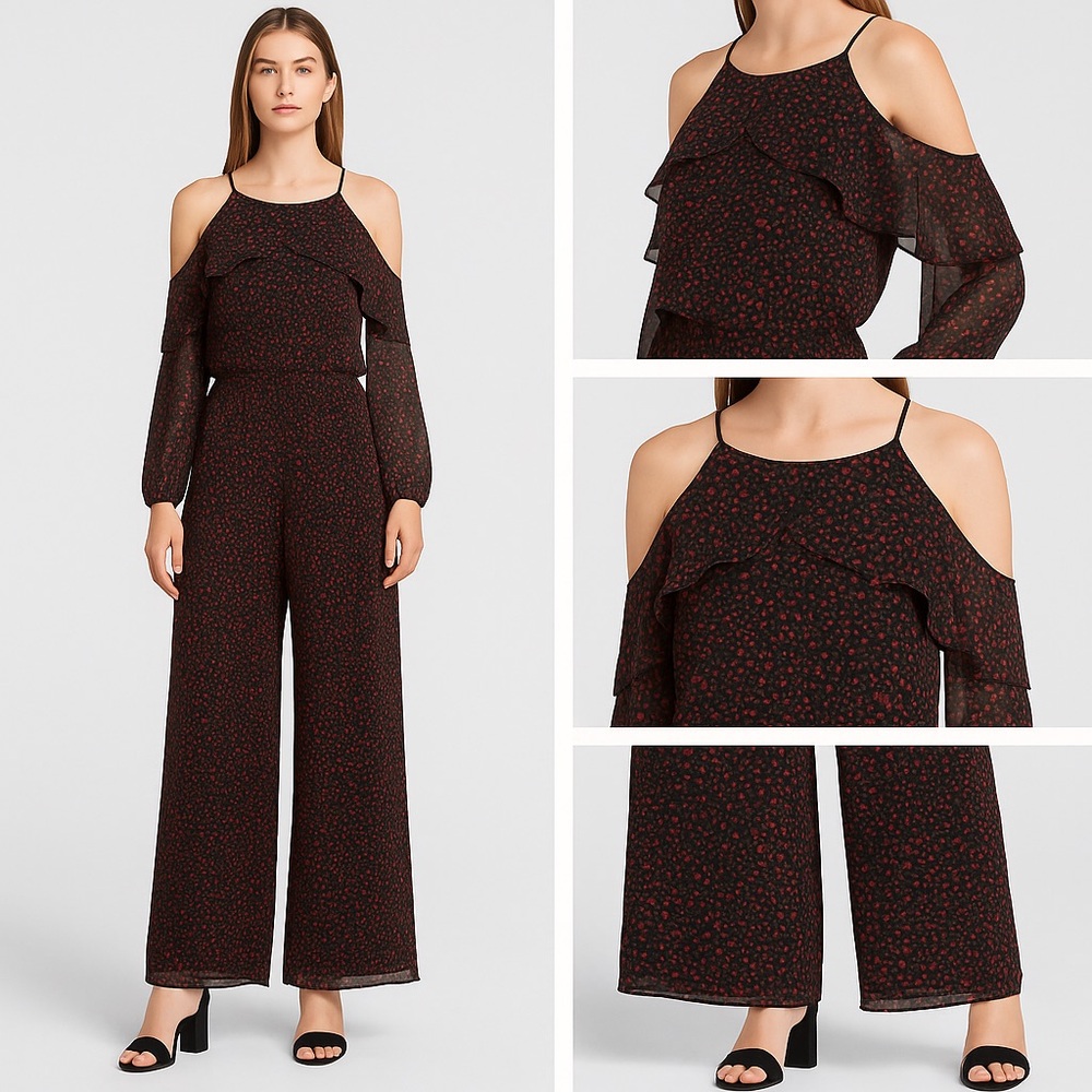 Michael Michael Kors Black Floral Cold Shoulder Wide Leg Jumpsuit | Size S